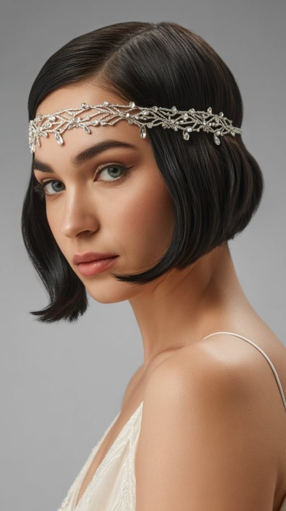  Sleek Asymmetrical Bob with Art Deco Headpiece