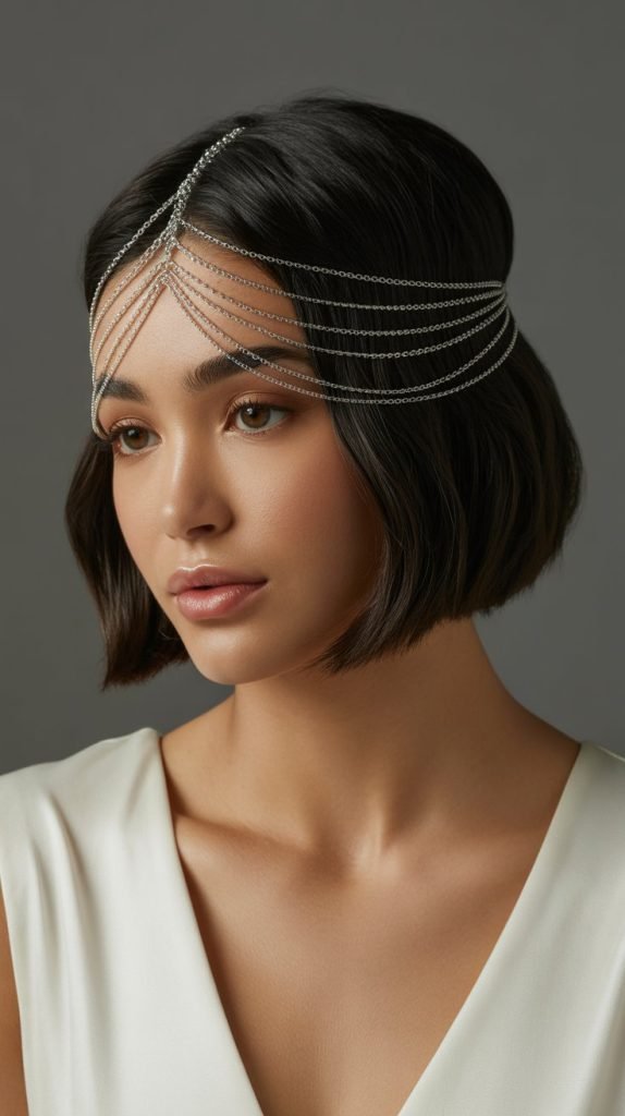 Sleek Bob with Draped Chain Headpiece