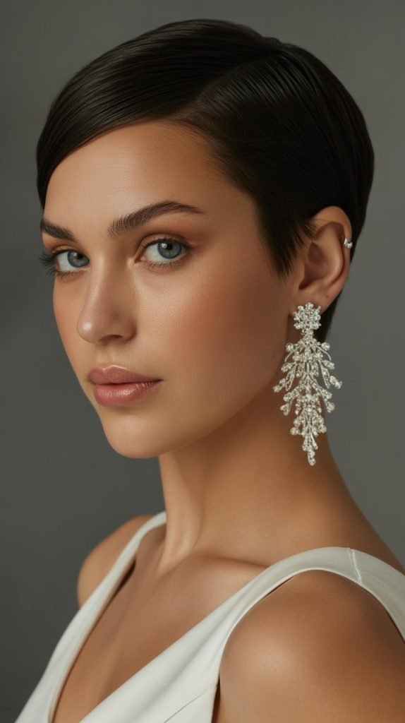 Slicked-Back Pixie with Dramatic Earrings