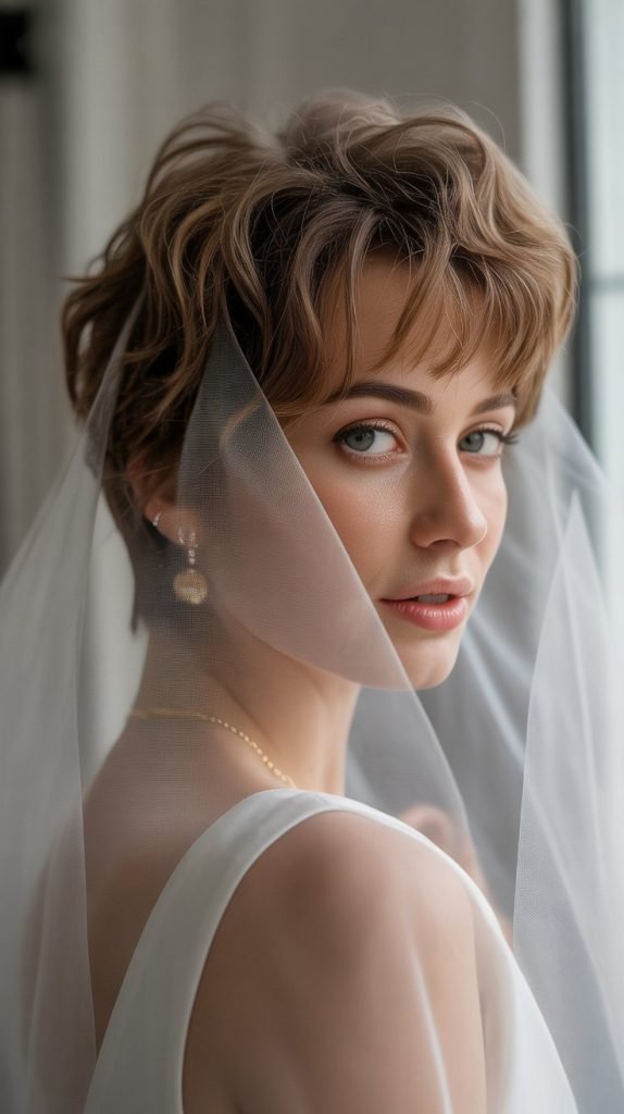 Textured Pixie with Delicate Veil
