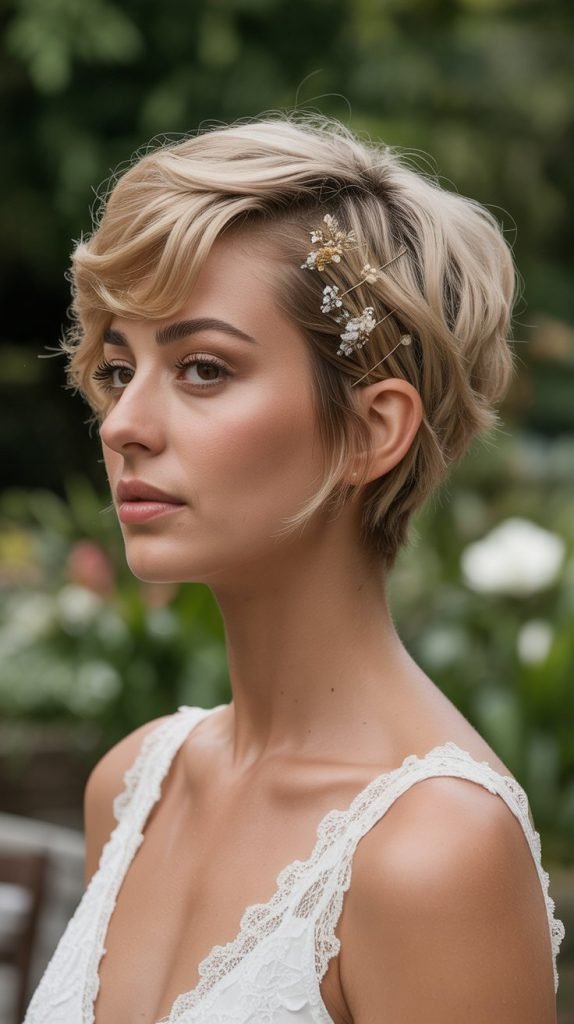 Textured Pixie with Floral Hair Pins