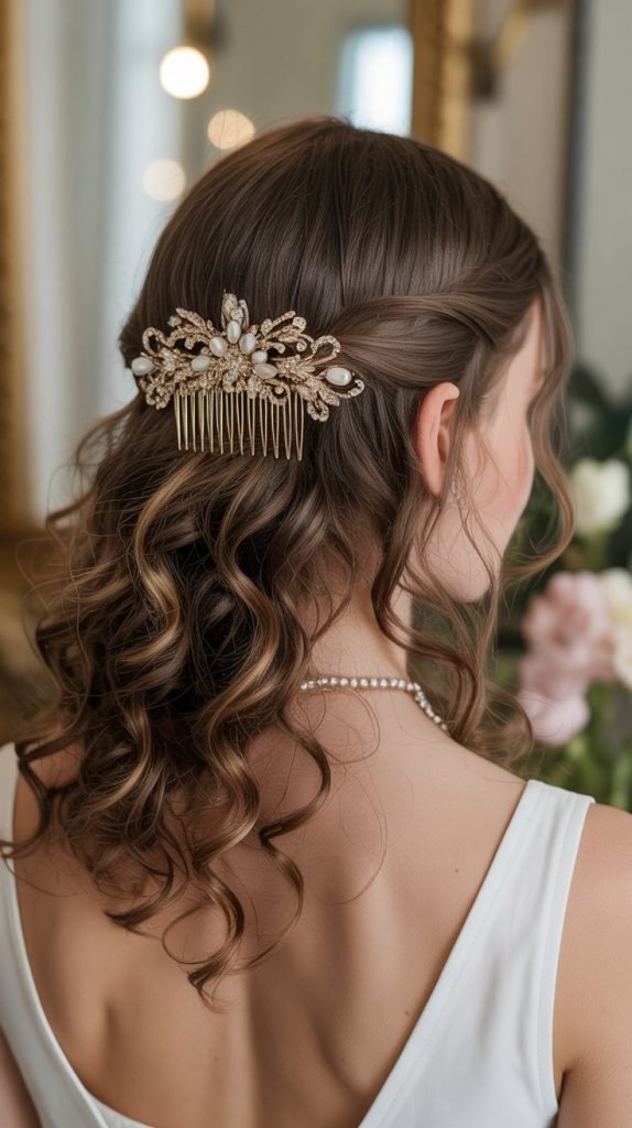  Curly Half Up with Jeweled Comb