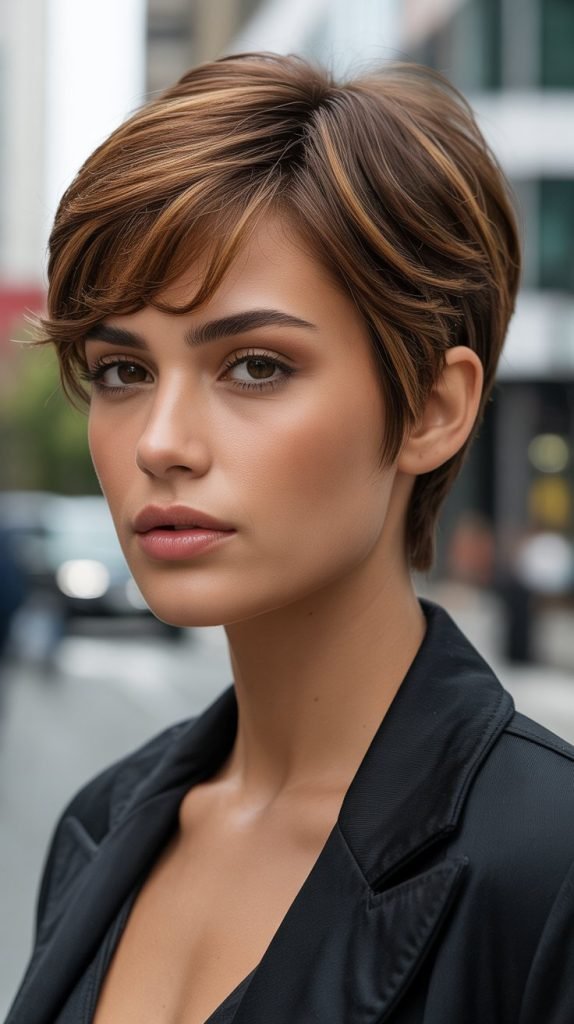 Pixie Cut Brown Wig with Caramel Face-Framing Highlights