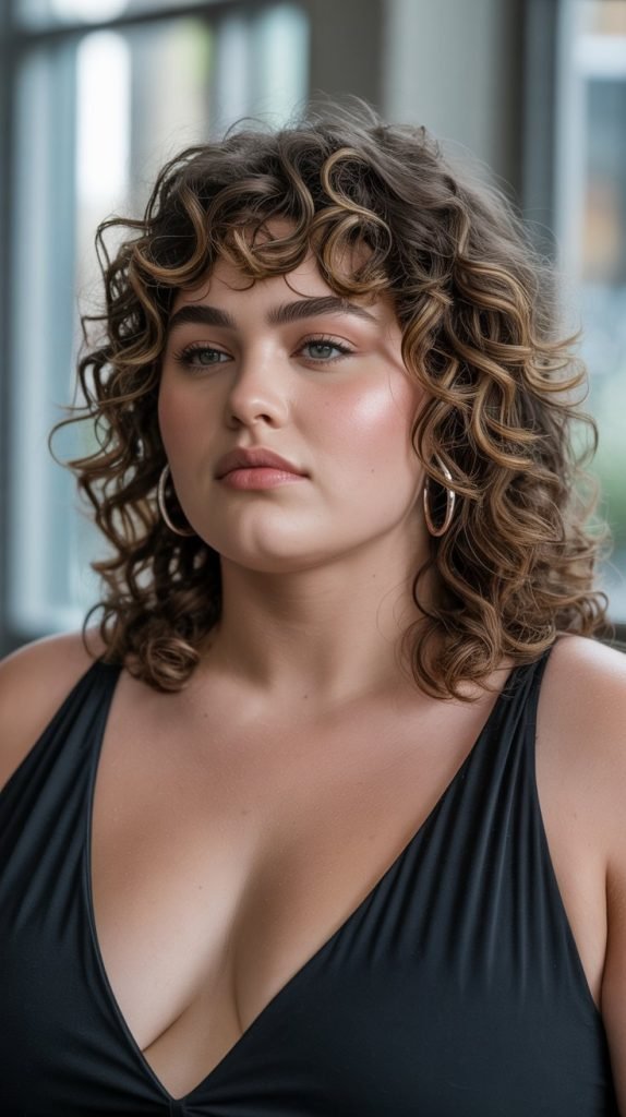 Curly Hair with Dramatic Side Swept Bangs