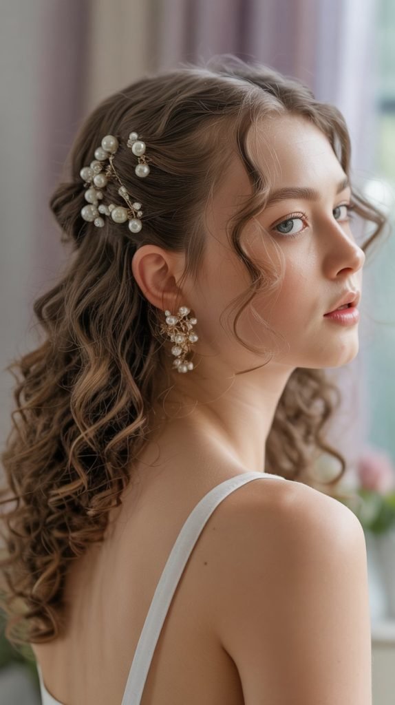 Curly Half Up with Pearl Pins