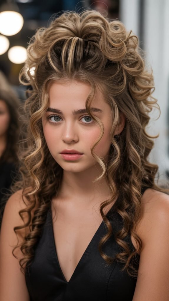 Voluminous Curly Half Up with Teasing