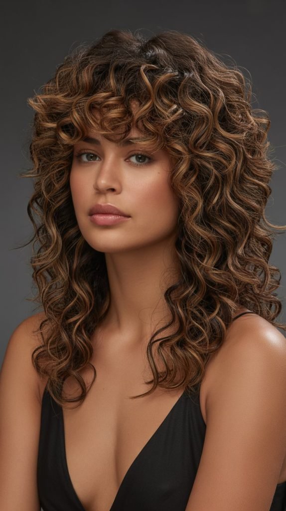 Voluminous Curly Brown Wig with Caramel Highlights Throughout