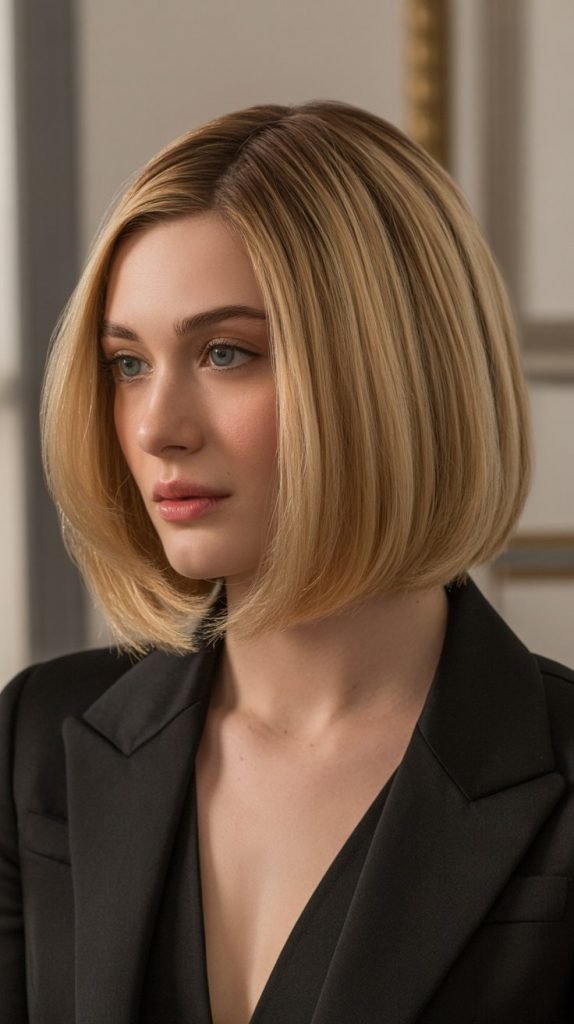 Blonde Rounded Bob with Chestnut Lowlights