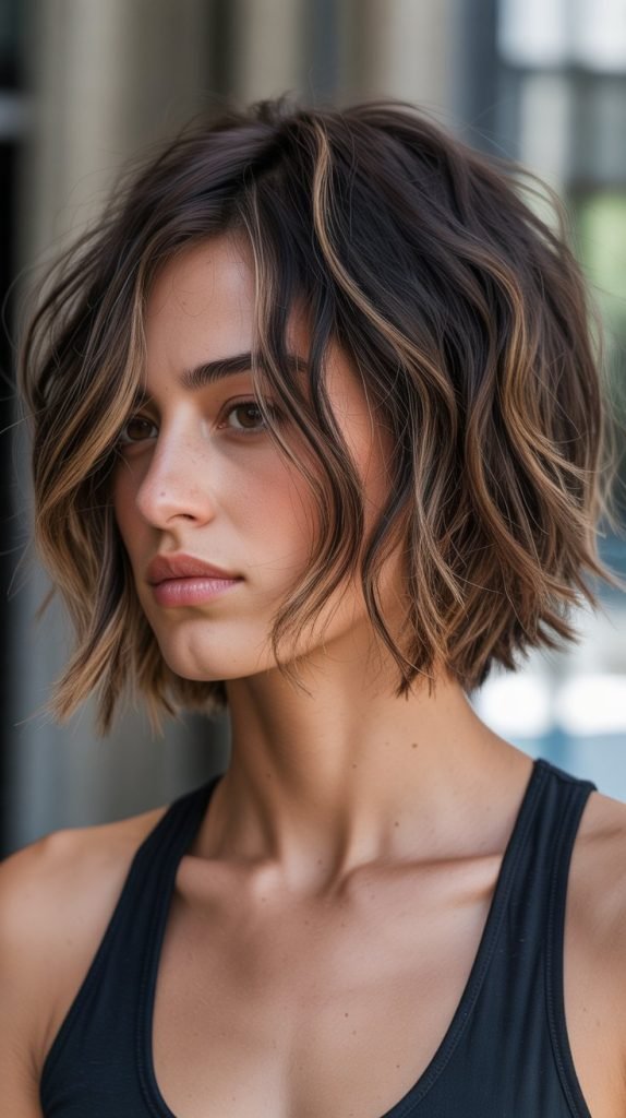 Textured Shaggy Bob with Caramel Ribbons