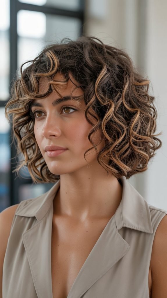 Curly Bob with Caramel Highlights Throughout