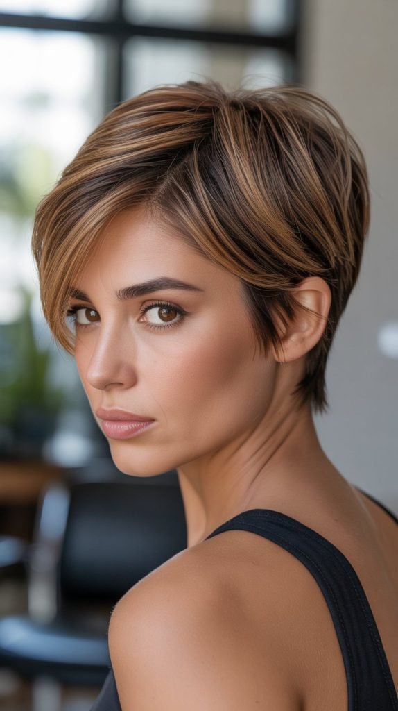 Layered Pixie with Caramel Crown Highlights
