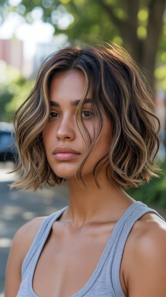 Messy Bob with Tousled Caramel Highlights