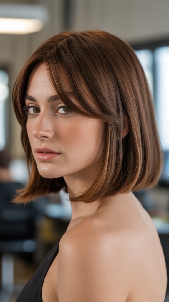 Shoulder-Length Lob with Side-Swept Bangs