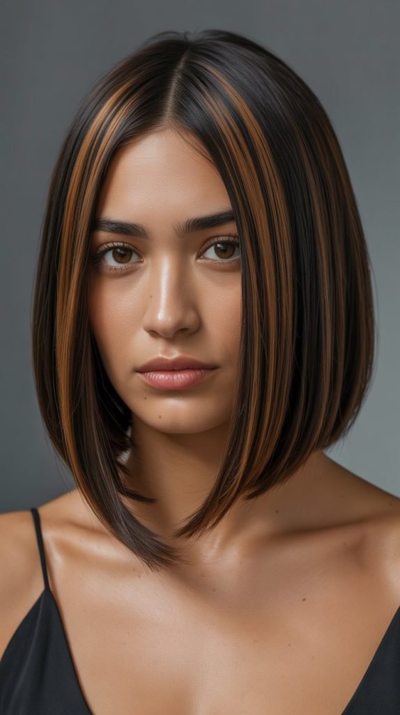 Sleek Middle-Parted Bob with Caramel Panel Highlights