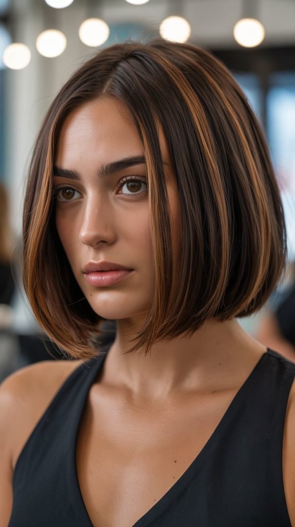 Face-Framing Caramel Highlights on Chocolate Brown Bob