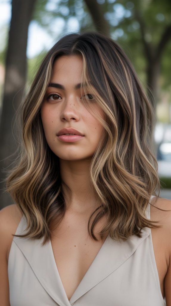 Textured Lob with Caramel Babylights and Lowlights