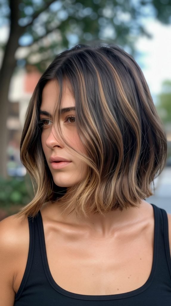 Angled Lob with Caramel Balayage