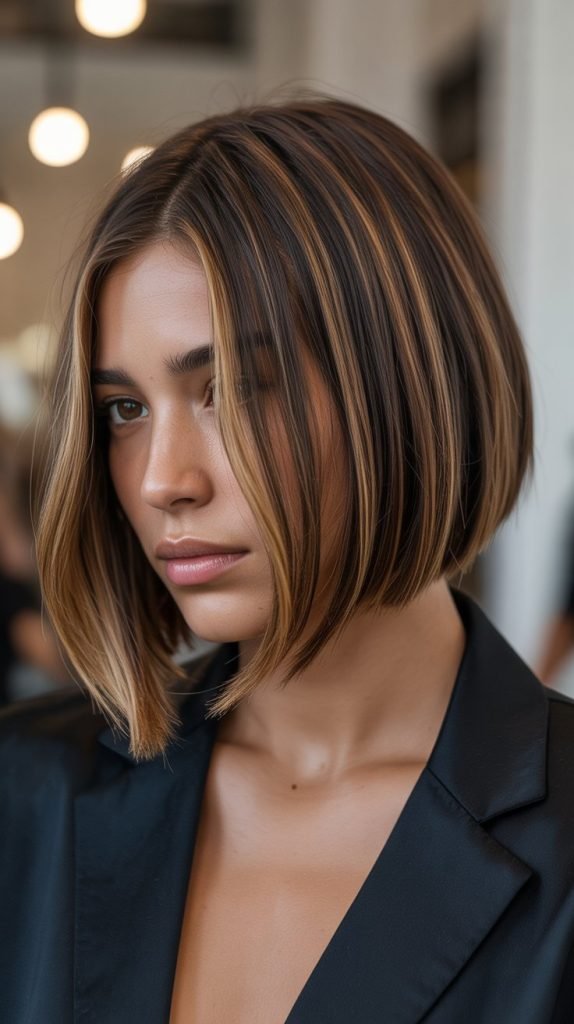 Angled A-Line Bob with Face-Framing Caramel