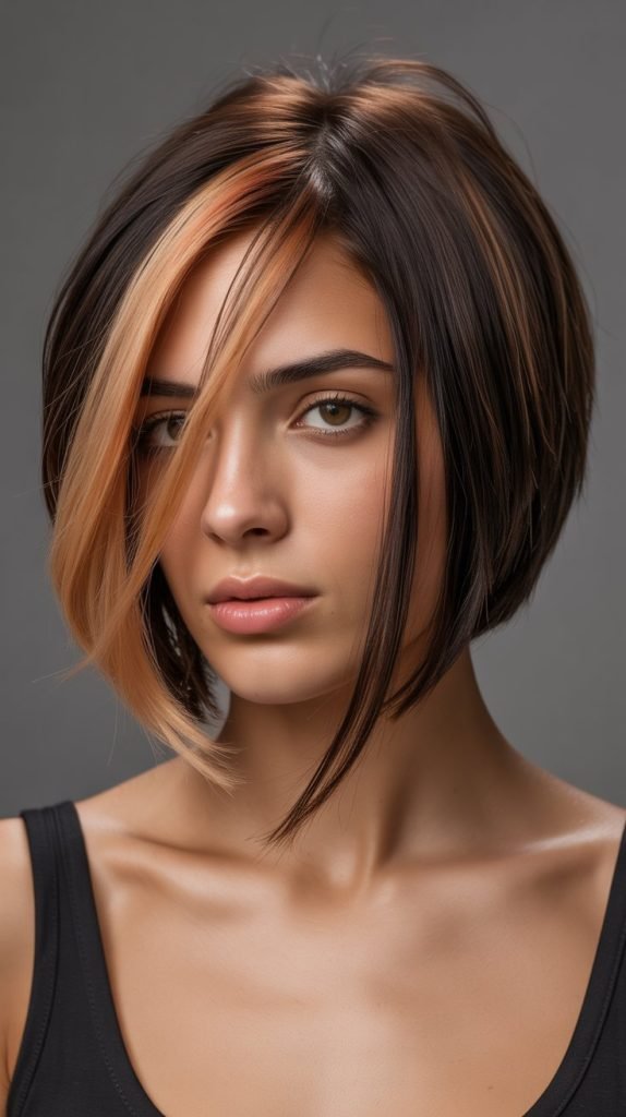 Asymmetrical Bob with Bold Caramel Streaks
