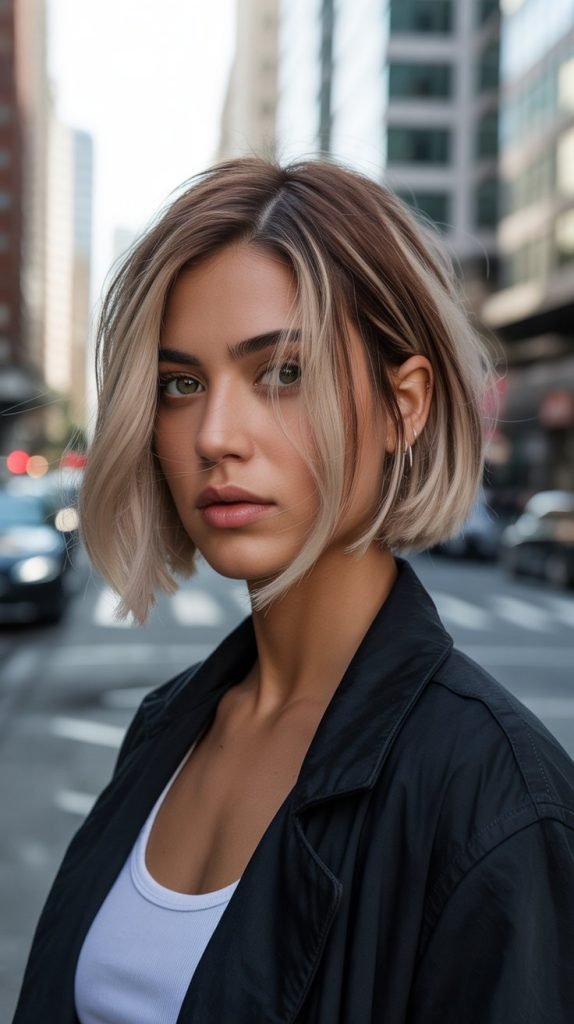 Asymmetrical Bob with Pearl Blonde and Chestnut Lowlights