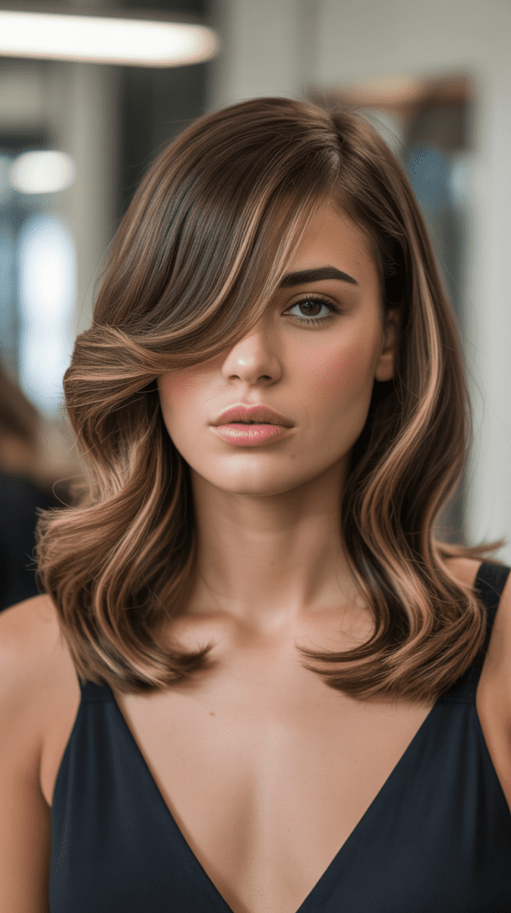 Caramel Highlights with Swoopy Bangs