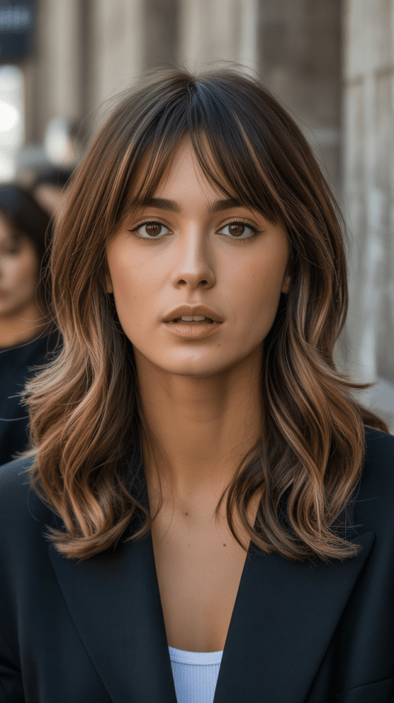 Face-Framing Caramel Highlights with Micro Bangs