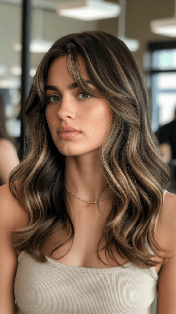 Caramel Lowlights and Highlights with Parted Bangs