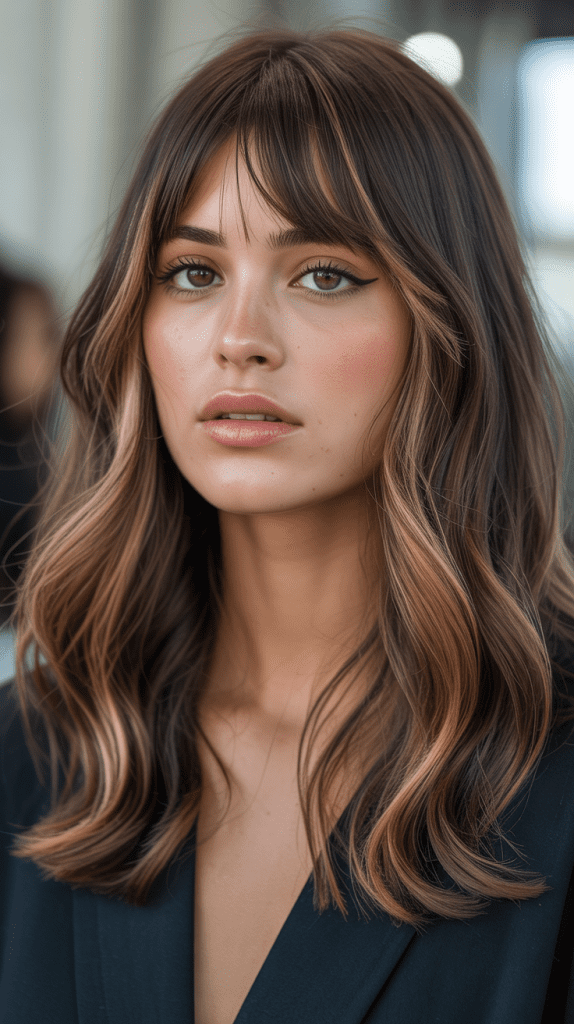 Caramel Foiled Highlights with Long Bangs