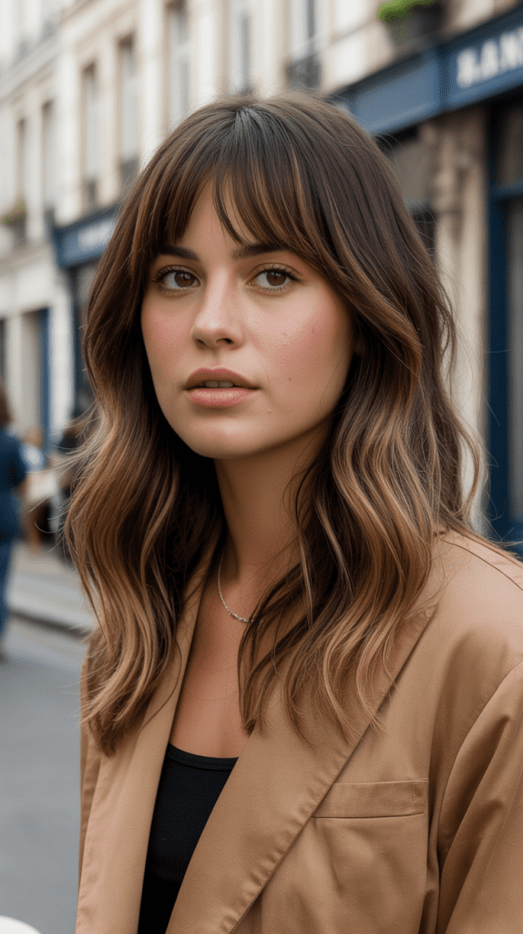 Caramel Highlights with French Girl Bangs