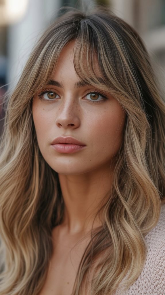 Curtain Bangs with Flaxen Blonde and Tawny Lowlights