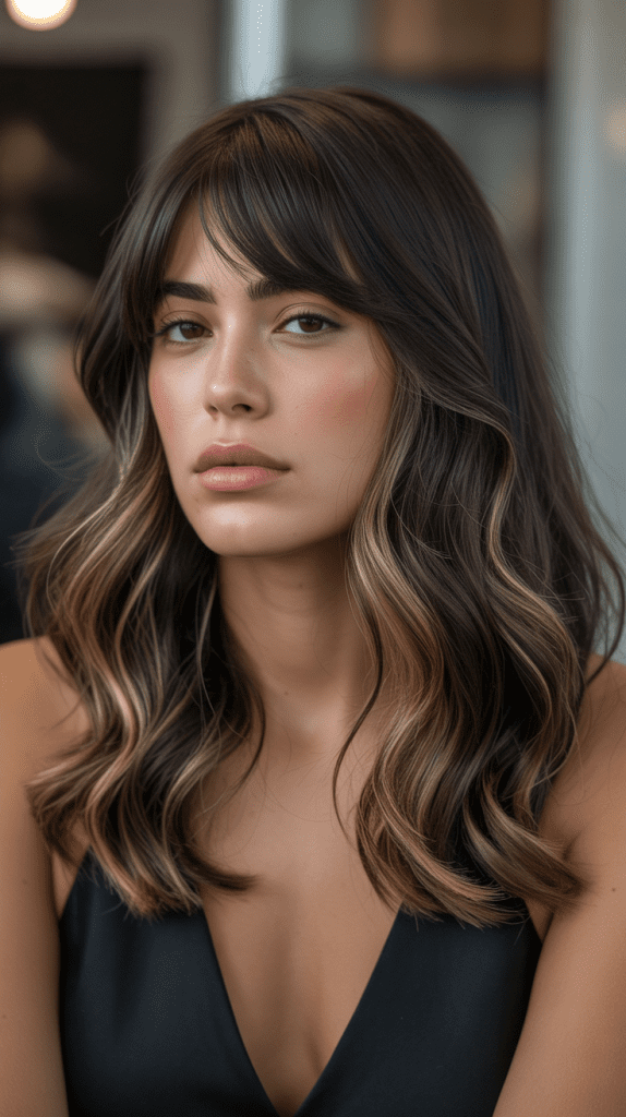 Caramel Highlights on Dark Brown Hair with Curtain Bangs