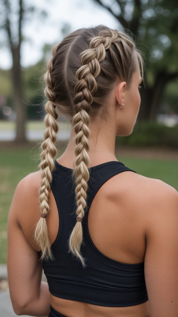 Double Dutch Braids into Low Ponytail