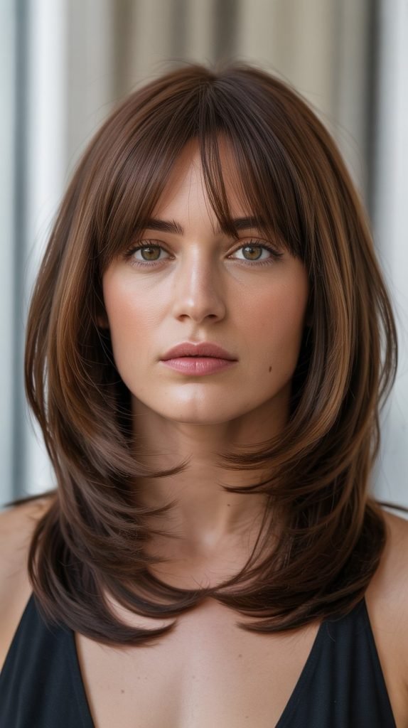 Layered Cut with Brow-Skimming Bangs
