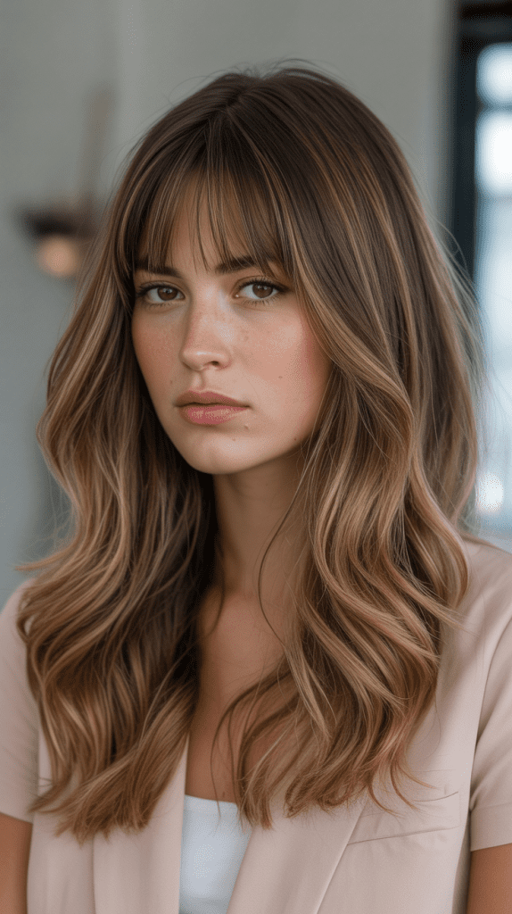 Caramel Highlights on Light Brown Hair with Blunt Bangs