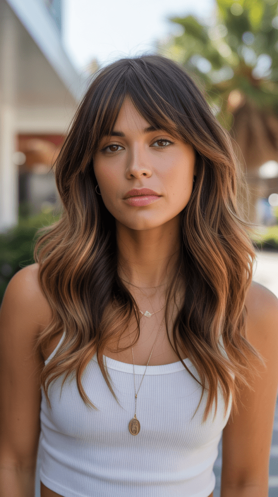 Caramel Balayage Ombré with Textured Bangs