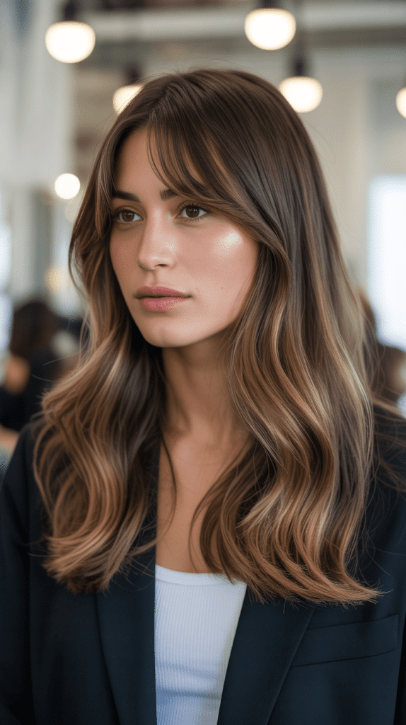 Classic Caramel Balayage with Curtain Bangs