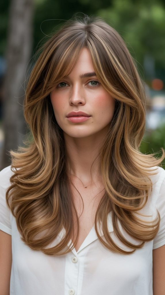 Cascading Layers with Side-Swept Bangs