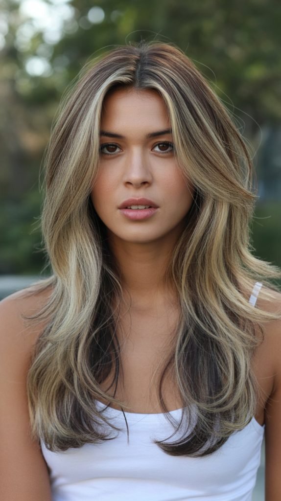 Long Layered Blonde with Espresso Lowlights