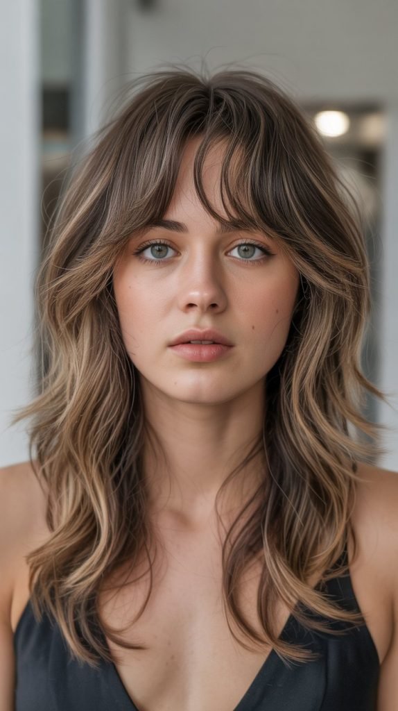 Long Layers with Textured Curtain Bangs