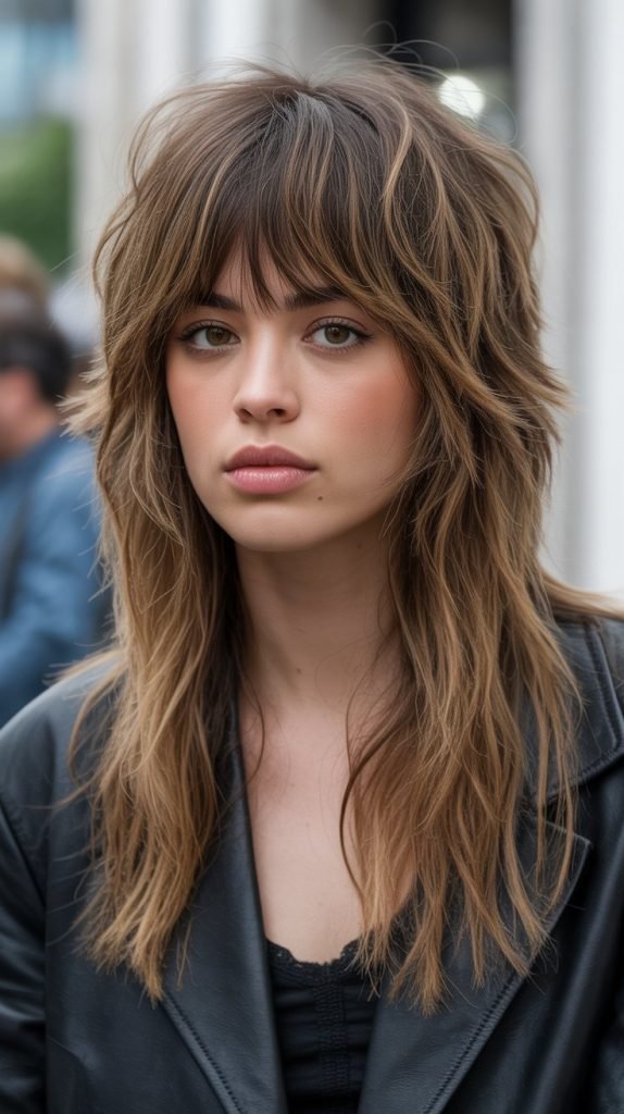  Long Shaggy Layers with Choppy Full Bangs