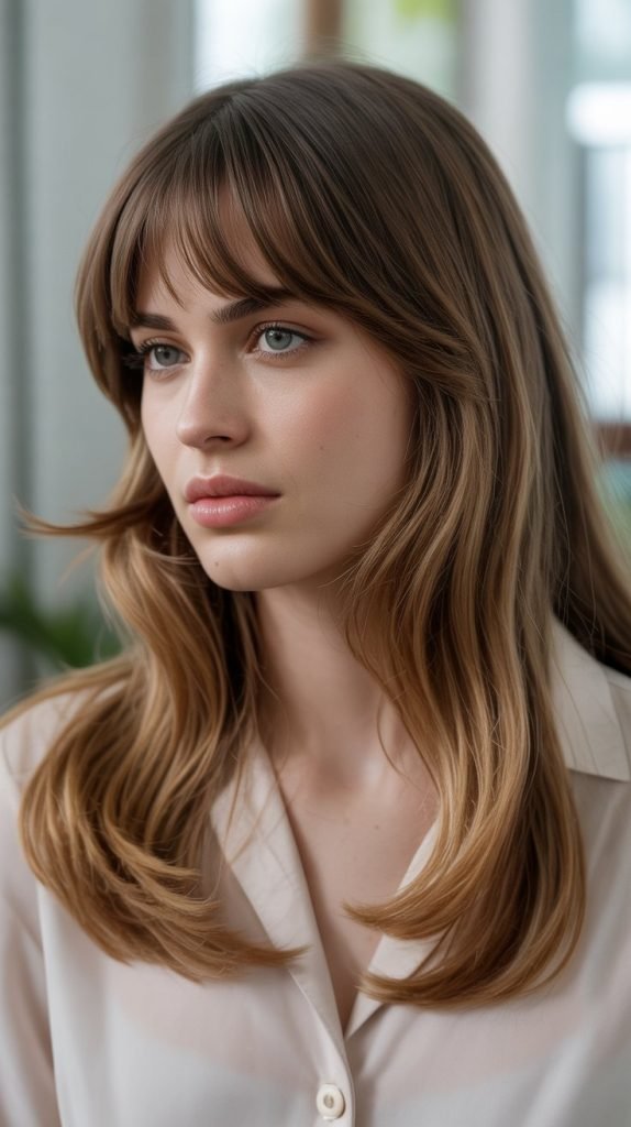 Soft Long Layers with Arched Bangs