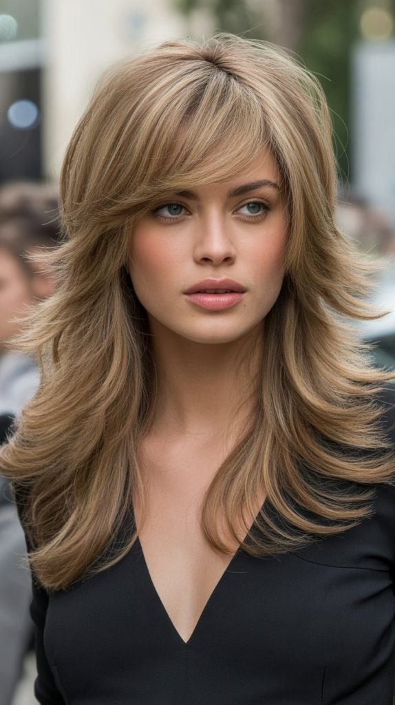 Voluminous Layers with Side-Parted Bangs