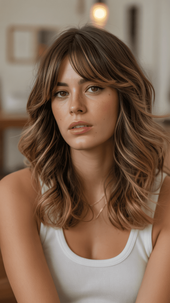 Golden Caramel Highlights with Feathered Bangs