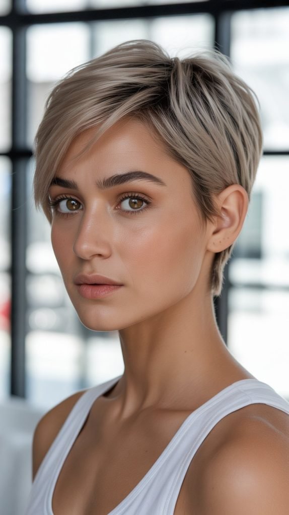  Pixie Cut with Icy Blonde and Taupe Lowlights