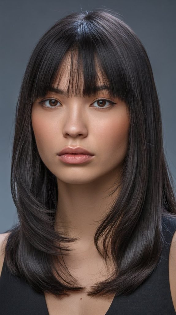 Sleek Long Layers with Blunt Bangs