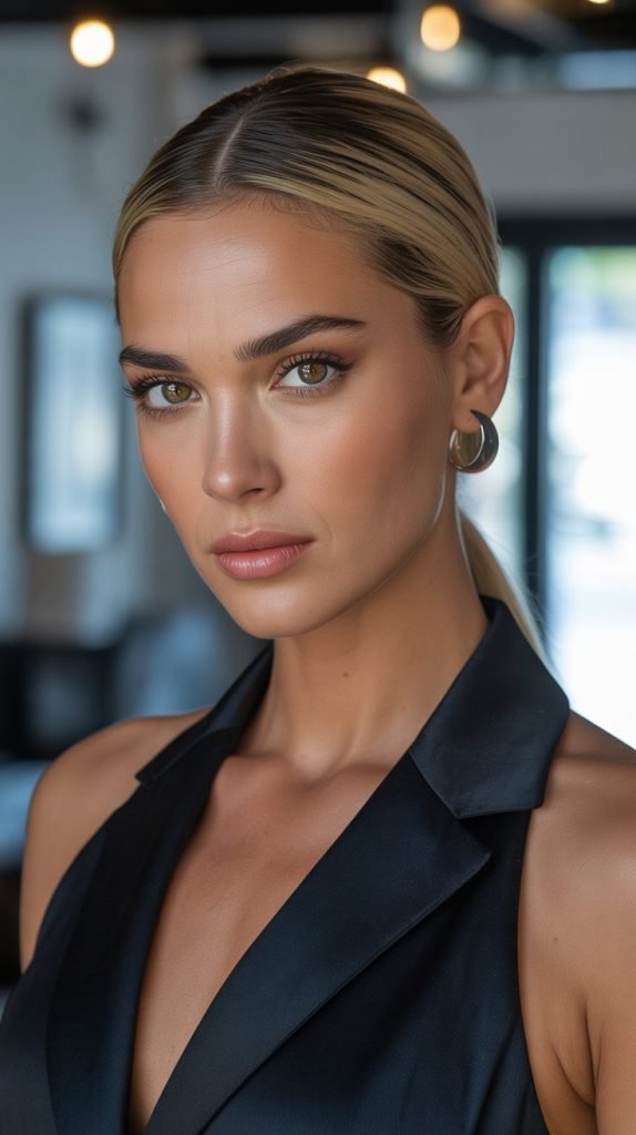 Slicked Back Blonde with Cinnamon Lowlights