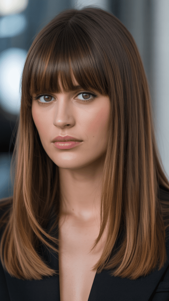 Caramel Highlights on Straight Hair with Bangs