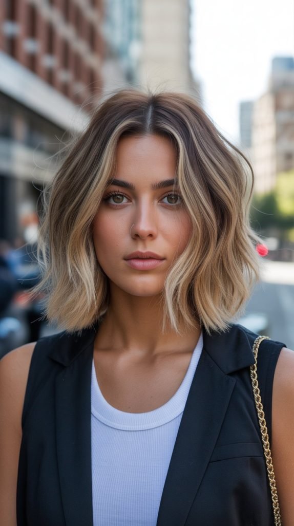  Textured Lob with Champagne Blonde and Toffee Lowlights