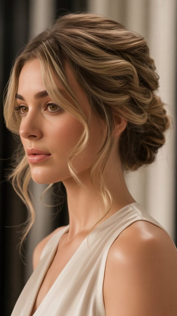 Twisted Updo with Champagne Blonde and Bronze Lowlights