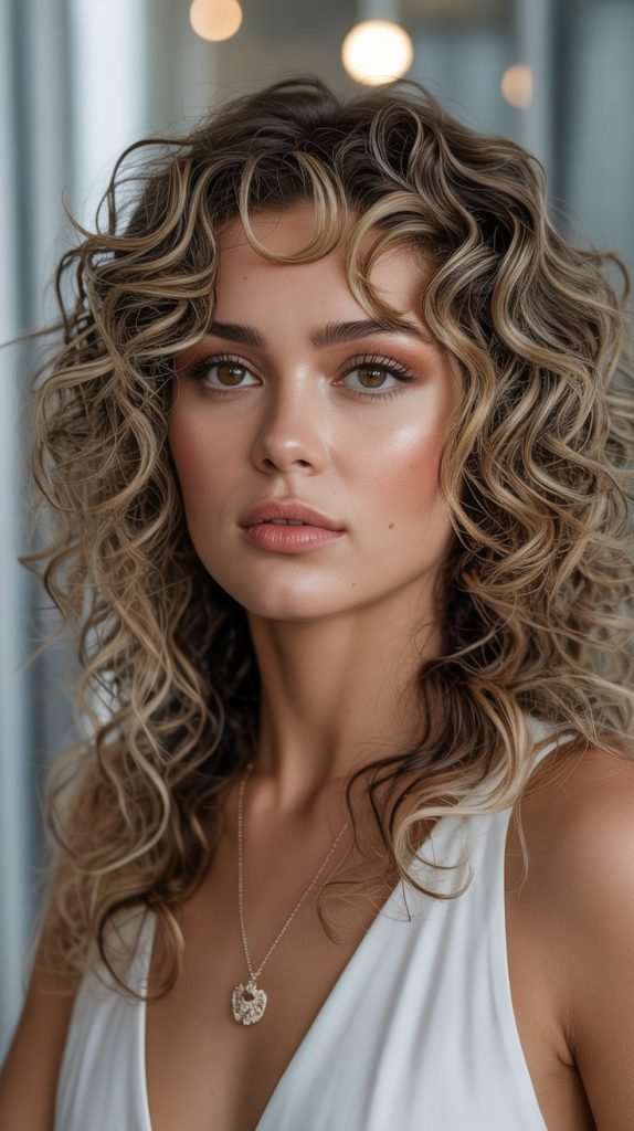 Voluminous Curls with Buttery Blonde and Caramel Lowlights